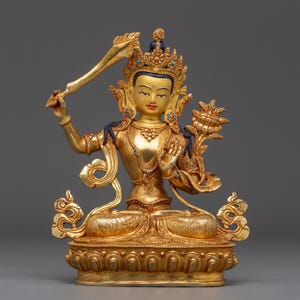 Handcrafted Manjushri Buddhist Copper Artwork | Sacred Deity for Meditation Growth | Figurine for Shrine, and Dharma Decor | Made In Nepal