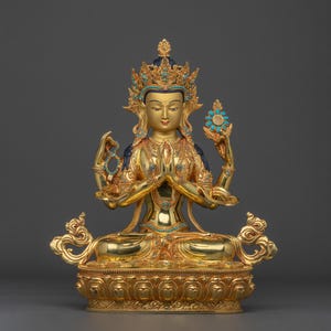 Meditation Deity Chenrezig Sculpture | Made in Nepal | 24k Gold Gilding | Copper Statue | Spiritual Decor | Traditional Nepalese Artwork