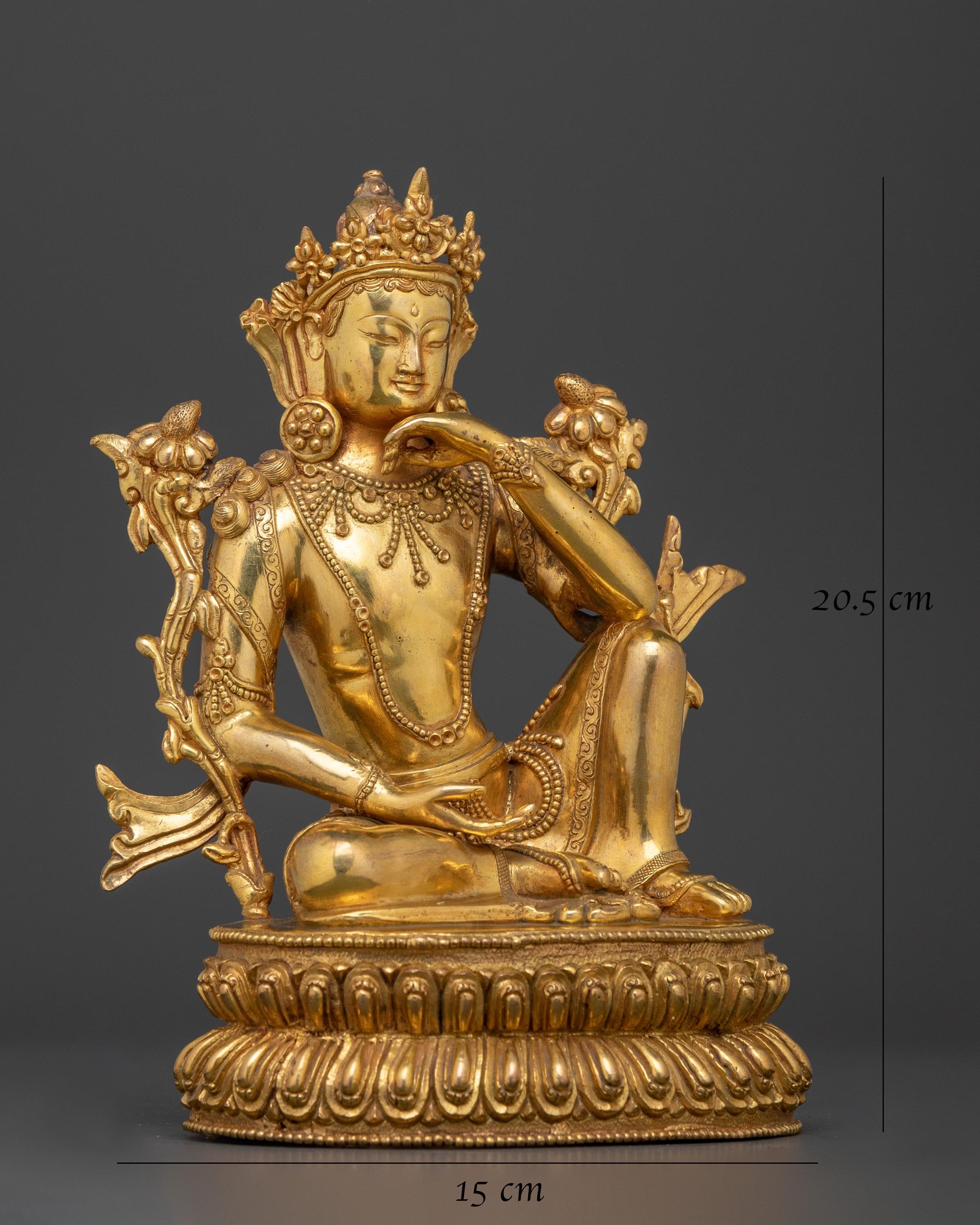 手作りのインドラ神の置物 | 24K 金メッキ銅ボディのヒンズー教仏教