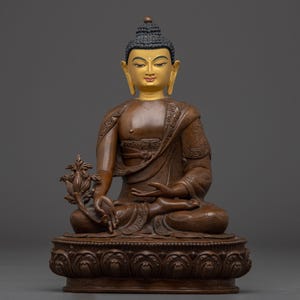 Oxidized Copper Figurine of Medicine Buddha | Himalayan Bhaisajyaguru Artwork | Figurine for Shrine, Altar, and Dharma Decor | Made In Nepal