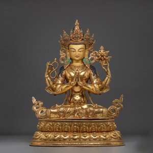 Gold Gilded Four Armed Chenrezig Statue with Copper Body | Tibetan Buddha of Compassion | Figurine for Shrine, Dharma Decor | Made In Nepal