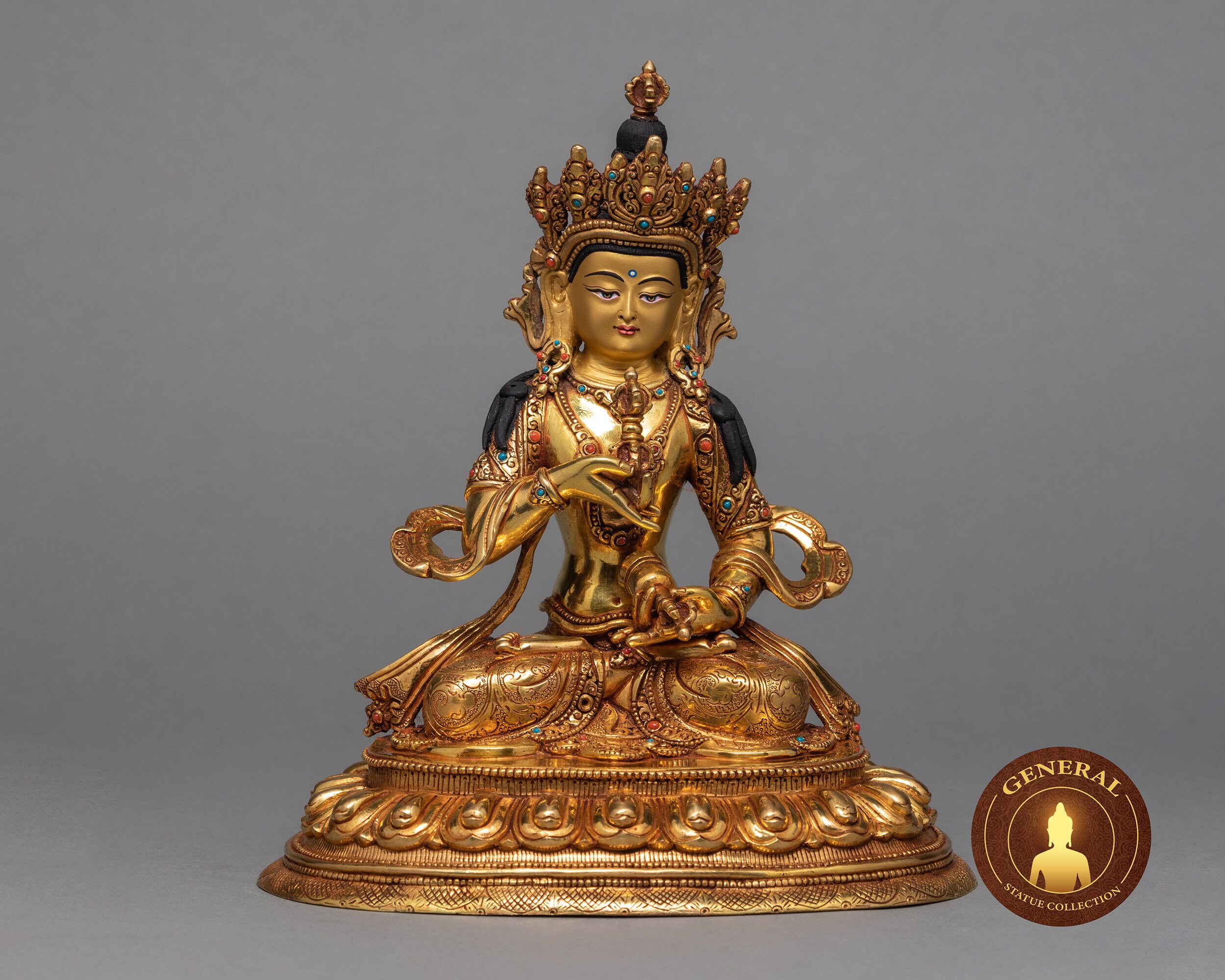 Small Vajrasattva Statue For Your Meditation Altar | Tibetan Dorje Sempa From Nepal Traditionally Hand Carved Buddhist in 24K Gold