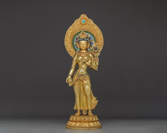 Sacred Standing Green Tara Statue | Handcrafted Nepali Icon of Compassion and Swift Protection | Exquisite Himalayan Buddhist Sculpture