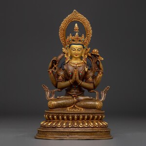 Golden Lord Chenrezig Artwork | Avalokiteshvara Serene Figurine for Shrine, Altar, and Dharma Decor | Spiritual Sculpture Made In Nepal
