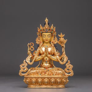 Handcrafted Golden Chenrezig Artwork: Lord of Compassion - Figurine for Shrine, Altar, and Dharma Decor | Spiritual Sculpture Made In Nepal