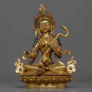 Saraswati Statue | Authentic Hand-Made Hindu Deity of Knowledge | Himalayan Art of Nepal | Traditionally Gilded in 24k Gold | Antique Finish