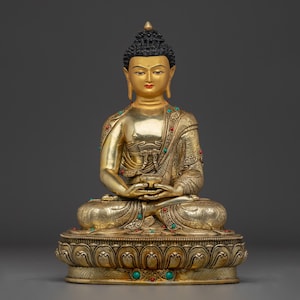 Handmade Amitabha Buddha Peaceful Light Copper Statue | 24K Gold Gilded Meditation Decor Buddhist Altar Spiritual Gift Nepal Home Sacred Art
