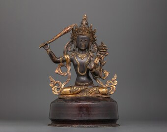 Handgemaakte Manjushri-beeldje verguld met 24-karaats goud | Antieke wijsheidsdecoratie