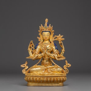 Chenrezig, Divine Form of Infinite Compassion in Tibetan Buddhism | Exquisitely Crafted Gold Gilded Figure for Devotion and Inner Peace