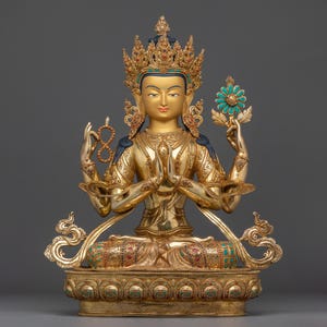 Gold Gilded Four-Armed Chenrezig Statue with Copper for Meditation | Figurine for Shrine, Altar, and Dharma Decor | Sculpture Made In Nepal
