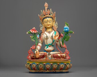 White Tara Handcrafted Buddhist Statue | Seven-Eyed Deity of Compassion and Long Life | Himalayan Buddhist Altar Sculpture