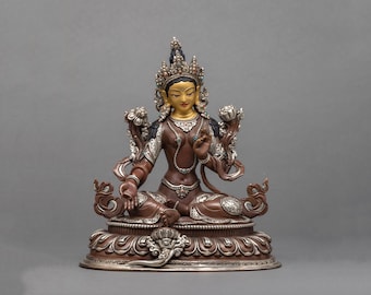 Handmade Green Tara Statue - Himalayan Buddhist Art - Silver and 24K Gold Detailing - Sacred Meditation Decor - Spiritual Enlightenment Gift