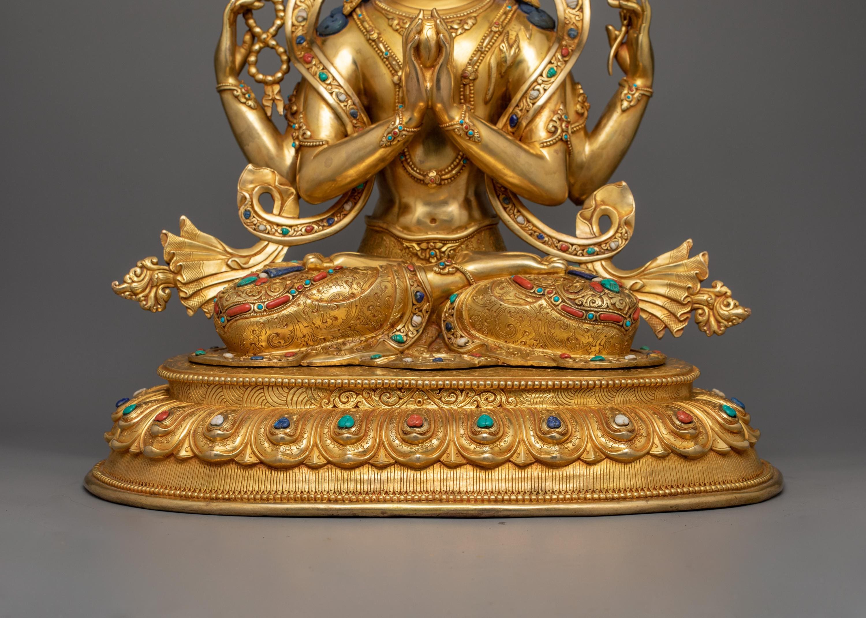 Four Arm Chenrezig Golden Statue | 24K Gold Gilded 19 Inch Statue of ...