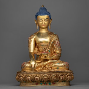 Shakyamuni Buddha Sculpture | Tibetan Big Buddha Statue | Himalayan Hand-Carved Spiritual Figurine | Gilded in Pure 24 Karat Gold Art-work