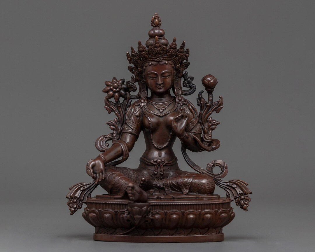 6.5” Green Tara Machine Made Statue | Oxidized Copper Compact Sculpture ...