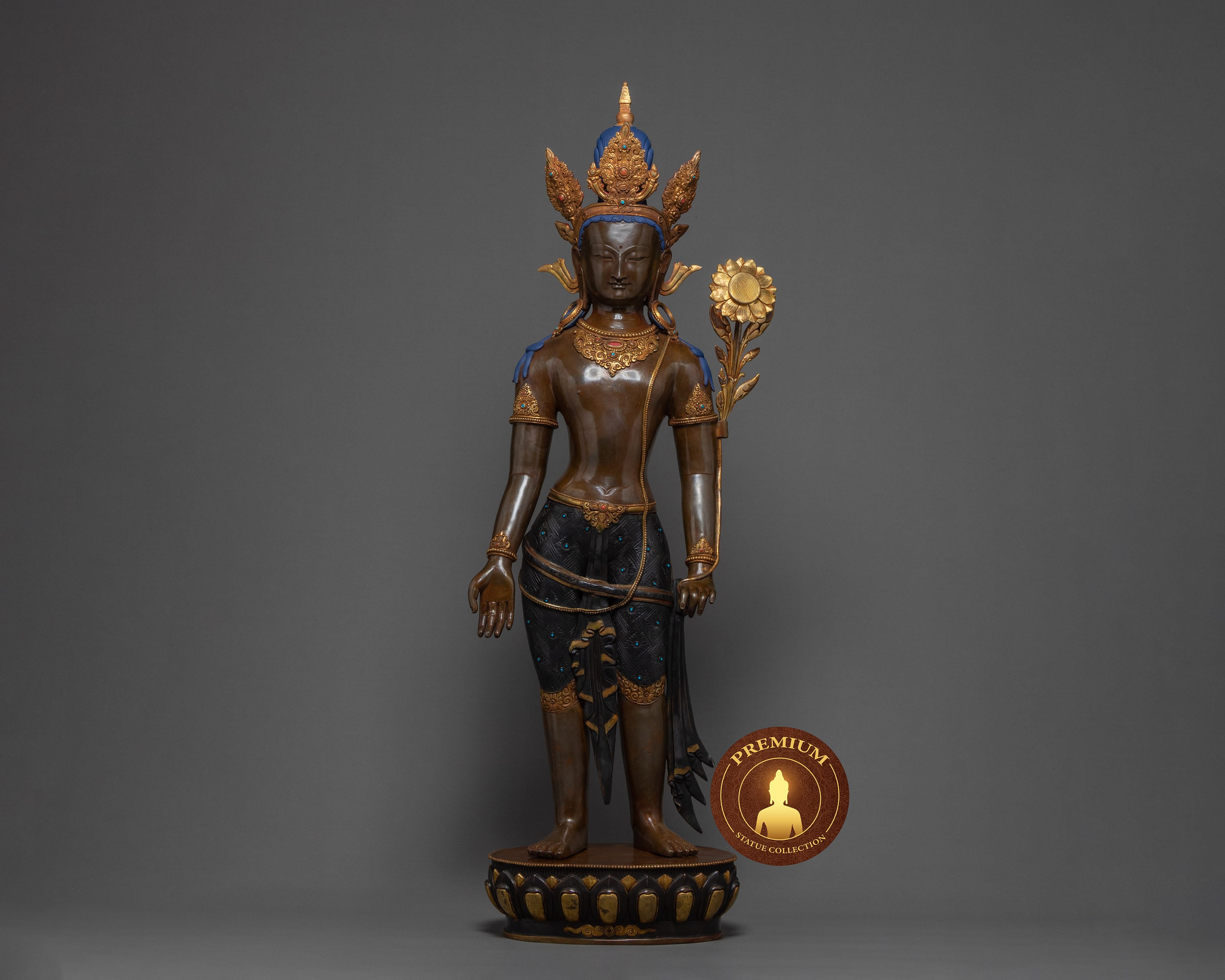 Maitreya Future Buddhist Deity Art | Representing Compassion & Wisdom Tibetan Hand-Carved Sculpture Oxidized Copper Artwork