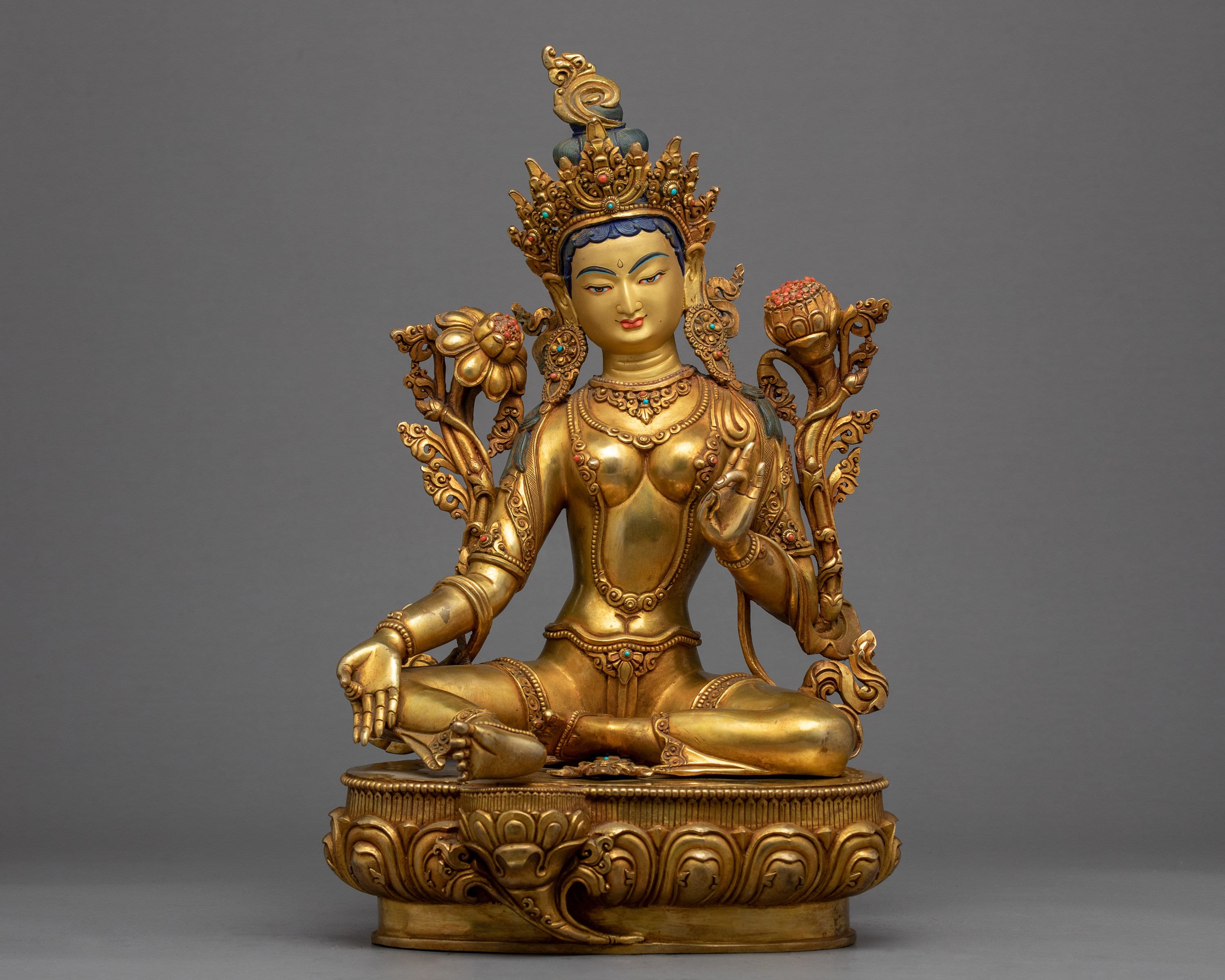 Green Tara Gold Plated Statue | Original Tibetan Figure Of Mother Drolma Traditional Buddhist Hand-Carved Sculpture Compassion Deity