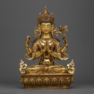 Serene Chenrezig Gold-Gilded Statue | Embodiment of Compassion | Original Hand-carved Buddhist Sculpture | Avalokitesvara Buddhism Deity
