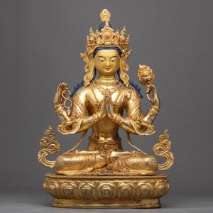 Four Armed Chenrezig Statue | Original Hand-Carved Buddhist Sculpture | Himalayan Buddhist Fine Art | Gilded with Genuine 24K Gold Figure