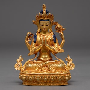 Small Four-Armed Chenrezig Statue | Original Machine Made Statue of Avalokiteshvara | Traditionally 24k Gold Electroplated Artwork of Nepal