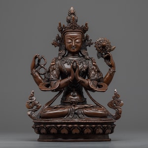 Chenrezig With Four Arms Statue | Original Hand-Crafted Avalokitesvara | Traditional Himalayan Oxidized Copper Artwork | Termatree&#39;s Antique