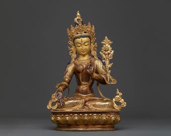 White Tara Sacred Feminine Statue | 24K Gold Gilded Buddhist Goddess of Longevity Healing Compassion Himalayan Altar Decor Sculpture