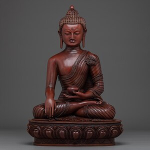 Peut inclure: Statue de Bouddha brun rougeâtre en position de méditation assise. La figurine est ornée de sculptures détaillées et porte une robe drapée. La statue est assise sur une base décorative et ornée.
