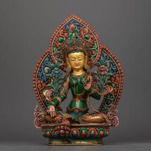 Handcrafted Empathetic Green Tara Deity | 24K Gold-Gilded Buddhist Statue for Shrine | Spiritual Buddhist Altar Tibetan Protector Buddha