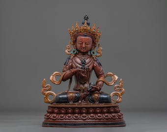 Vajrasattva Oxidized Copper Figurine | 13 Inch Purification Buddha with Gemstone Details | Handmade Himalayan Buddhist Altar Art