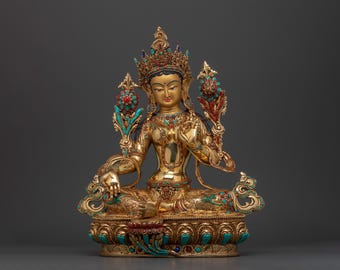 Premium Green Tara Prayer Statue | Tibetan Goddess Jetsun Dolma Sculpture | Handmade Bodhisattva Figure | Himalayan Art | Religious Gifts |
