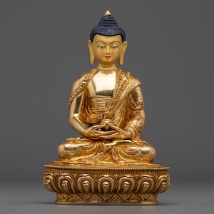 22.5 cm Amitabha Buddha Golden Statue | Handmade 24K Gold Gilded Copper Buddhist Artwork for Meditation and Home Decor | Tibetan Artwork
