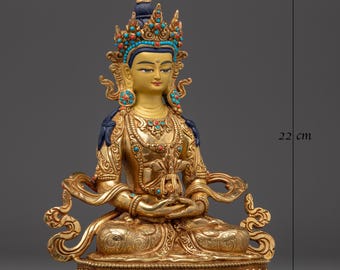 黄金の手作り阿弥陀如来像 | 高さ8.7インチ（22cm）24K金鍍金銅製長寿