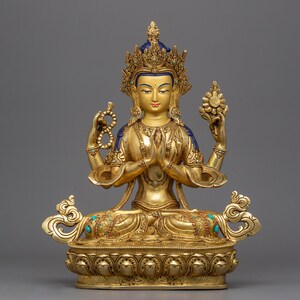 Bodhisattva Chenrezig 13.4 Inches Statue | Four Armed Avalokiteshvara for Shrine, Altar and Dharma Decor | Spiritual Sculpture Made In Nepal