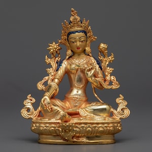 Small Green Tara Statue - 24K Gold Radiance on Copper, A Symbol of Quick Compassionate Action & Enlightenment Beacon, Scared Himalayan Art