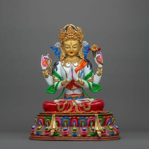 Chenresig Four Armed Figurine | Bodhisattva Avalokiteshvara Statue for Shrine, Altar, and Dharma Decor | Spiritual Sculpture Made In Nepal