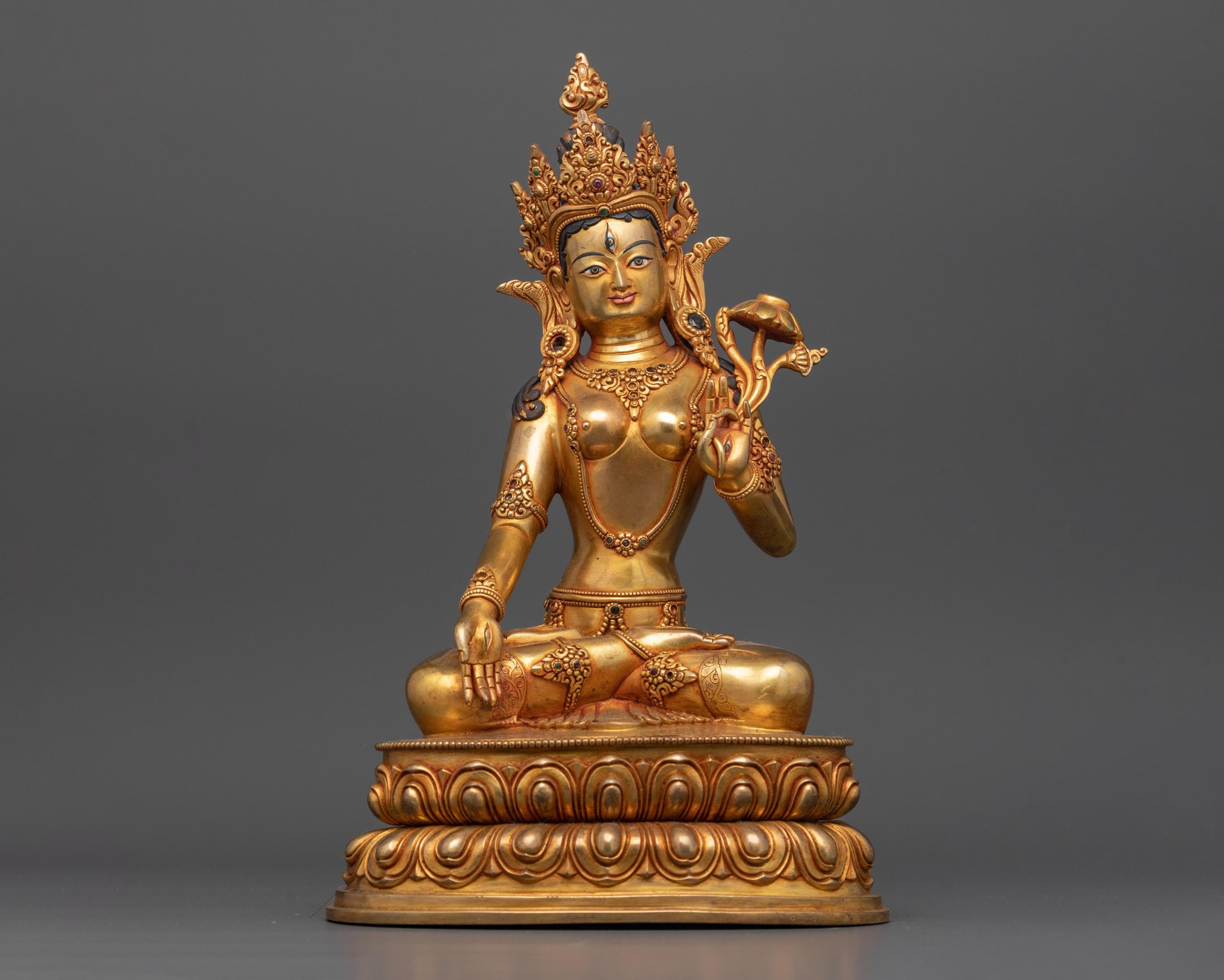 白ターラ女神仏像 – 手作り 24K 金メッキ銅 | 治癒と長寿のシンボル