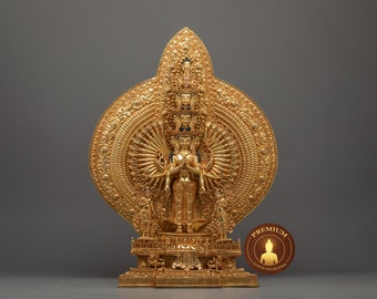 Avalokiteshvara Having 1000 Arms Statue | Hand-Carved Buddhist Chenrezig Buddha Sculpture | Traditionally 24K Gold Gilded Himalayan Artwork