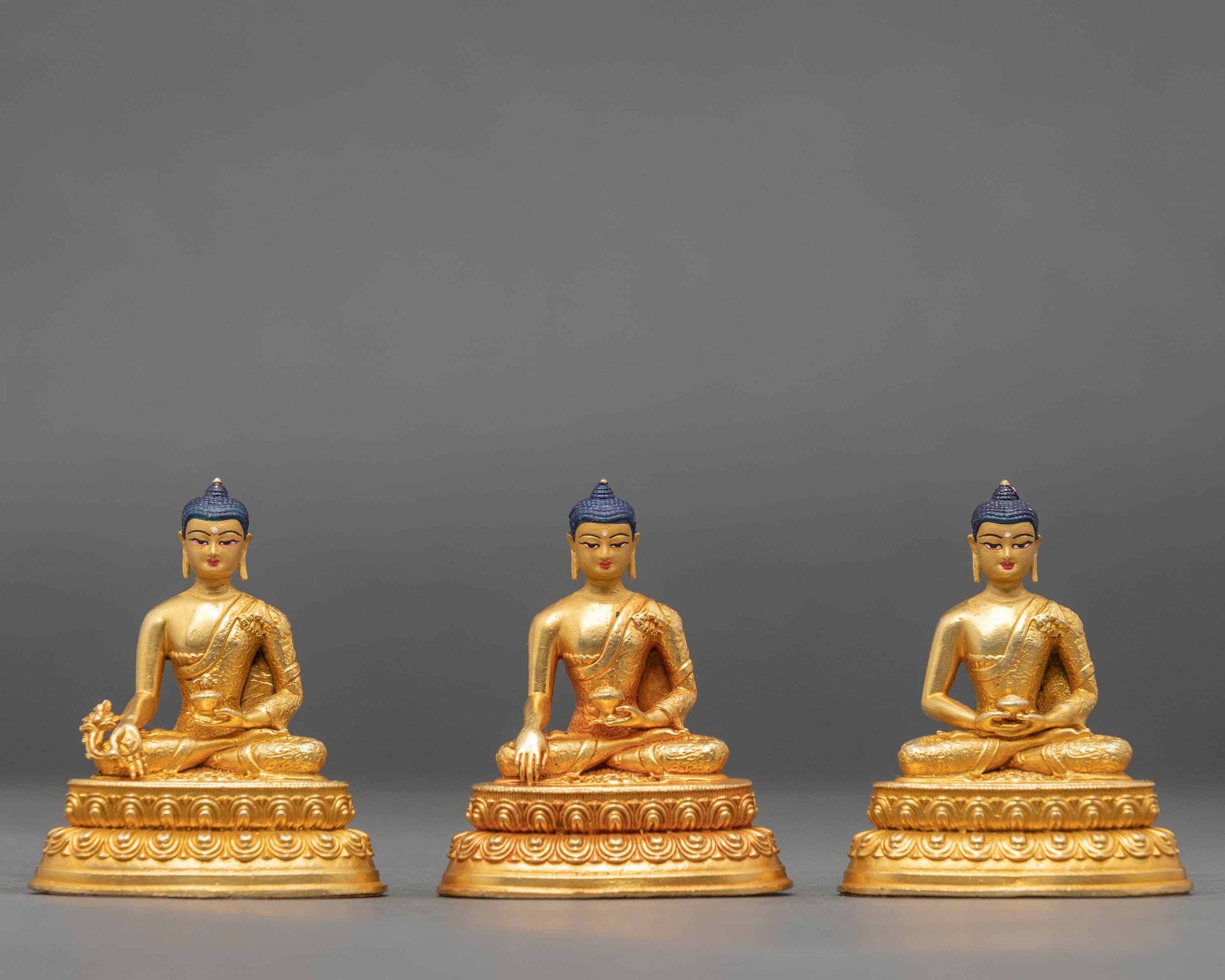 Three Buddha Statue Set | Medicine Shakyamuni Sculpture Amitabha Figure Electroplated Idol Gilded in Gold