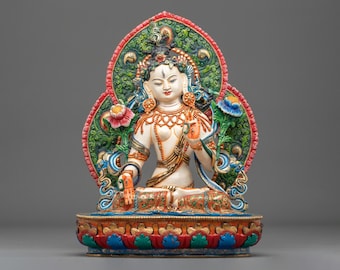 White Tara Meditation Altar Statue | Seven Eyed Tara of Long Life | Tibetan Buddhist Compassion and Healing Sculpture