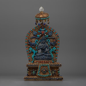 Vajrasattva Stone Statue - Turquoise, Lapis, Coral & Silver Plated Gemstone Deity of Purification for Altar Decor | Nepalese Art and Craft