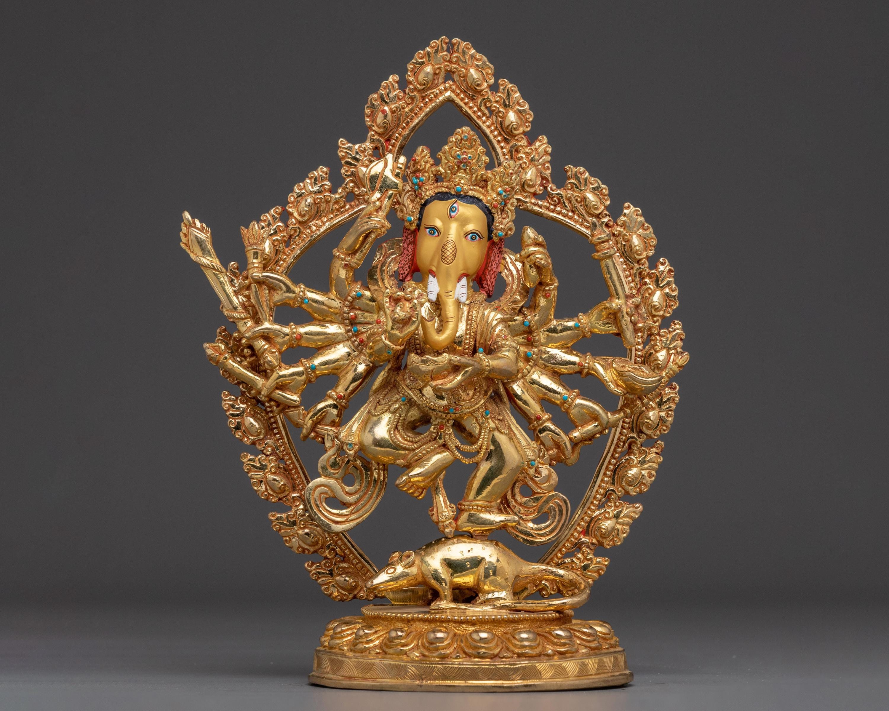 タイの黄金ガネーシャ像 願望成就 知恵の神 ヨガ 金運 商売繁盛 黄金の多腕ガネーシャ像｜障害を取り除き、知恵の神、成功と永遠の繁栄