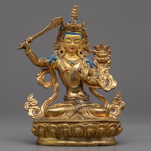 Small Manjushri Statue | Convincing Tibetan Artisanship of Bodhisattva Wisdom Deity | Traditionally Handmade Sculpture of Himalayan Nepal