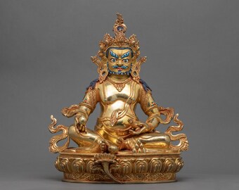 Yellow Dzambhala Statue | Original Hand-Carved Simulacrum of Buddhist God of Fortune and Wealth | Himalayan Traditional Religious Figurines