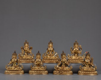 Amitayus met bodhisattva-standbeeldset | Witte Tara | Chenrezig | Manjoesjri | Groene Tara | Vajradhara | Vajrasattva | Verguld in puur 24-karaats goud