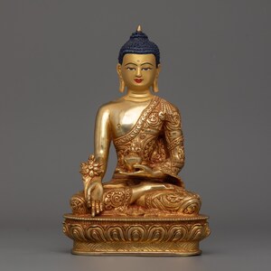 Nepalese Handmade Sculpture of Medicine Buddha 8.9” | 24K Gold Gilded Copper Statue | Buddha of Healing & Compassion | Spiritual Altar Decor