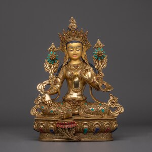 24k Gold Gilded Green Tara Sculpture | Mother of All Buddhas | Goddess of Enlightened Action | Traditionally Handcrafted Nepalese Artwork