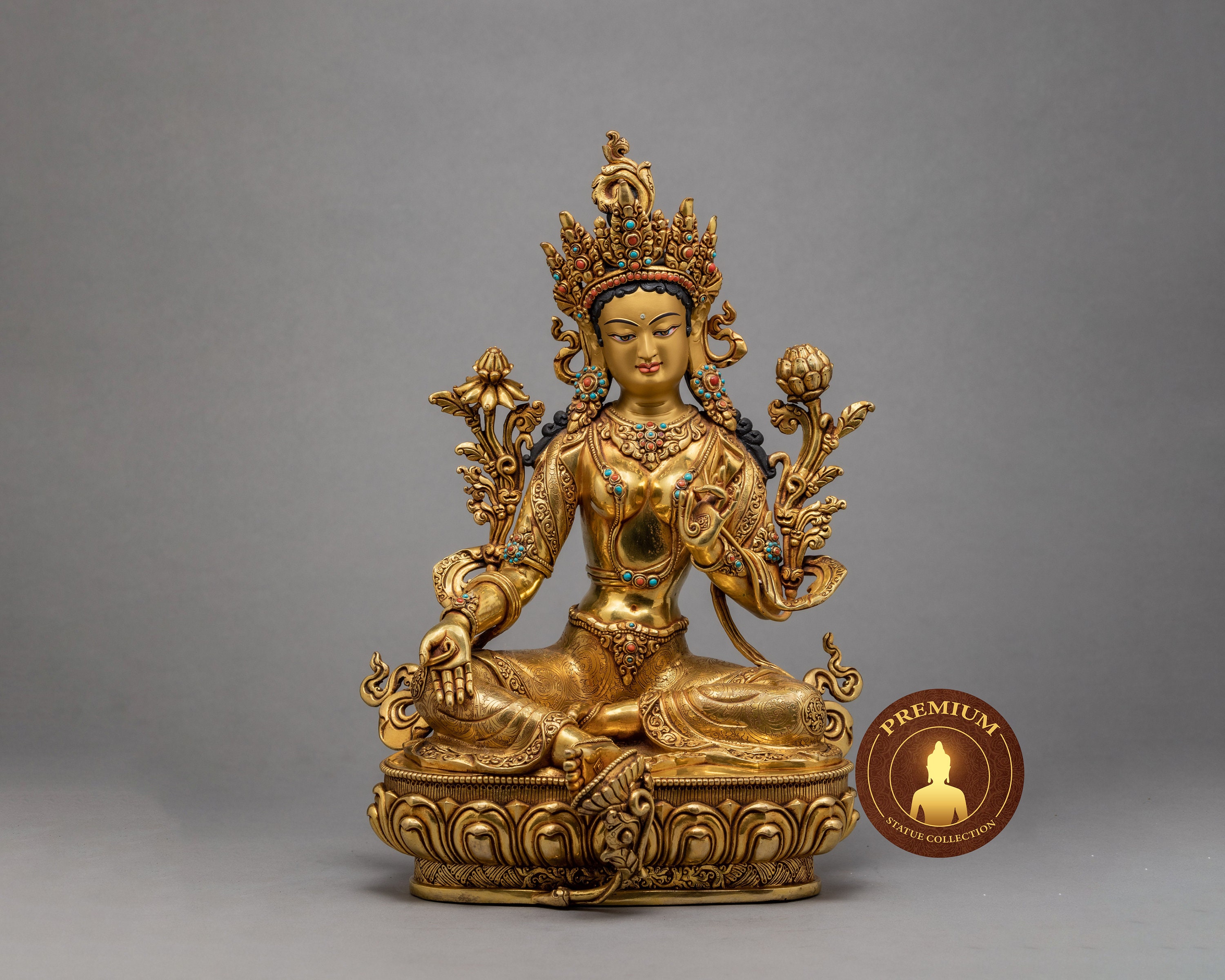 Green Tara Statue | Hand-Carved Original Himalayan Buddhist Sculpture Compassionate Deity Traditionally Gilded in Genuine 24K Gold Art