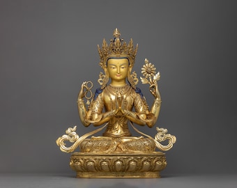 Gold Gilded Chenrezig Statue | Four Arms Boddhisattva, Himalayan Art
