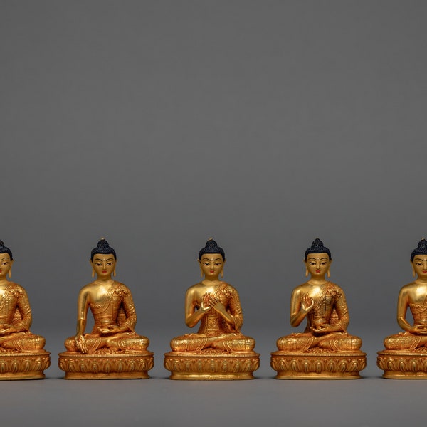 Five Mini Dhyani Buddhas Sculpture Set | Akshobhya | Ratnasambhava | Vairocana "Mahavairochana " | Namo Amitābha | Amoghasiddhi Gold Statue