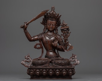 Handgesneden standbeeld van Manjushri | Geoxideerd koper, boeddhistische godheid